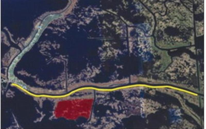 Bayou Terre aux Boeufs Marsh Creation and Ridge Restoration (Red: Marsh Creation, Yellow: Ridge Feature).