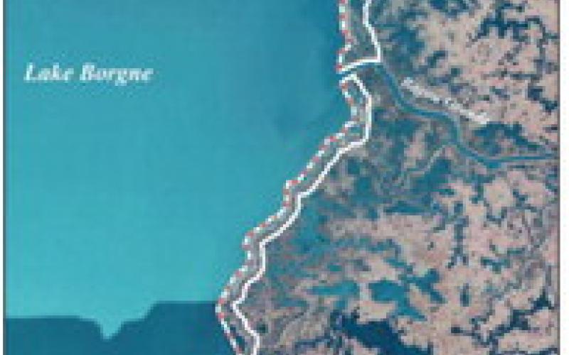 Biloxi Marsh Shoreline Protection (Dotted Red Line: Shoreline Protection, Solid White: Project Boundary).