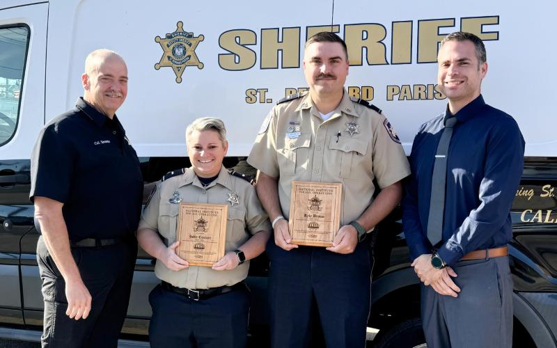 St. Bernard Sheriff’s Office Lt. Jodie Couture, second from left, and Lt. Kyle Brown, third from left, recently attended a leadership academy hosted by the National Institute for Jail Operations (NIJO). With them are, Col. Kevin Sensebe, warden of St. Bernard Parish Prison, left, and Maj. Dennis Morgan, director of the St. Bernard Juvenile Detention Center.