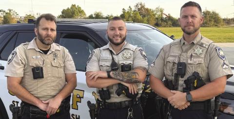 The St. Bernard Sheri's Oce wrapped up the No-Shave November fundraiser today, Dec. 1, marking the end of a month-long eort to support charitable causes within SBSO. Some of the deputies who participated included, from left: Dep. Joshua English, Dep. Thomas Murana and Dep. Matthew Schmill, all of the Field Operations Bureau Patrol Division.