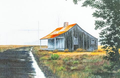 A scenic painting of a cajun cottage in the marsh by John Weimer.
