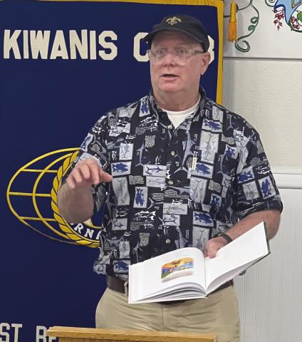 Author and Chalmette teacher George Goggan promotes his book 'Katrina and the Cajun Duck' at the Kiwanis Club meeting Tuesday evening at Rock and Carlos. Goggan, who is self publishing the book, hopes to make it a series and personally autographed copies of the book he sold after the meeting. Goggan, who was teaching in Jeerson Parish before Hurricane Katrina, started teaching in St. Bernard Parish when schools first opened with on 'unified' school and has been a teacher in the parish since.