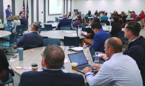 Reggie Poché, Nunez Interim Vice Chancellor for Strategic Initiatives and Engagement, presents during SME's Gulf Coast stakeholder kicko meeting in January in the Student Testing and Career Counseling Center on the Nunez Community College campus.