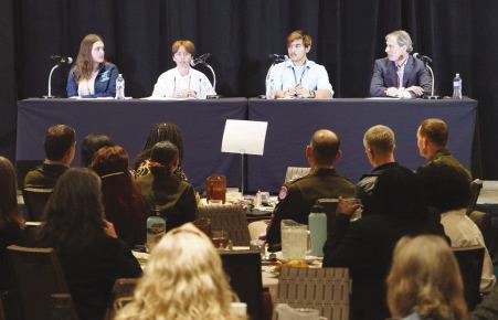 Students from Nunez Community College’s Aerospace Manufacturing Technology program were asked to participate in a panel discussion at the National Career Pathways Network NCPN Connect 2026 conference Feb. 19 at the Sheraton Hotel in New Orleans. From left, Emily Cleland, Rachel Madron and Chris Mondy, spoke with Marc Goldberg in front of hundreds to share student perspectives on the education-to-industry pipeline.