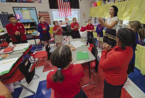 Eleanor Frederic-Humphrey teaches at Gauthier Elementary as part of the Goat in the Road Play / Write Program.