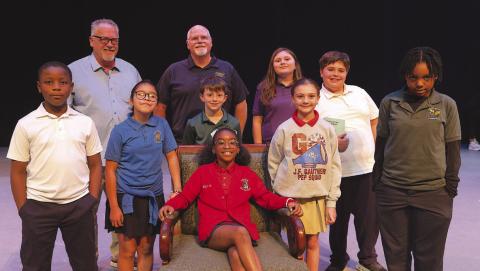 Front row, seated: Kelci Gardner. Second row left to right: Tevaun King, Arianny Sanchez, Thomas McMullin, Alyssa Franatovich, Ryann Littles. Back row left to right: Chris Haines and Bill Haines of the Meraux Foundation, Isabella Thiel, Benjamin Reeks.