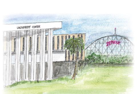 The iconic Twentieth Century amusement park, Pontchartrain Beach, with it’s memorable Zephyr rollercoaster ride on the New Orleans lakefront has been transformed into a launch pad of jobs and innovation named The Beach at UNO in honor of the bygone destination of entertainment thrill-seekers. Artist rendering of UNO and the Zephyr ride circa the 1970’s.