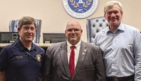 From left: State Senate Insurance Committee Chairman Kirk Talbot, Rep. Mike Bayham, and Louisiana Insurance Commissioner Tim Temple