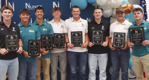 The winners of Nunez Baseball’s top team awards gather for a photo during the Athletic Awards Ceremony May 13 on the Nunez campus. Pictured from left are Connor Stelly, Kason Alexander, Luke Conerly, William Nikolaus, Luke Pittman, Logan Coley, Eli Fuselier and Brock Loque.