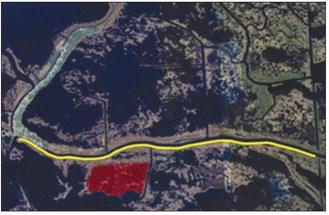 Bayou Terre aux Boeufs Marsh Creation and Ridge Restoration (Red: Marsh Creation, Yellow: Ridge Feature).