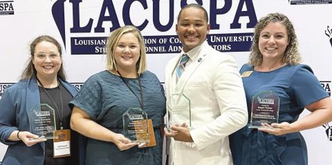 Nunez earned four awards at the 2025 Louisiana Association of College &amp; University Student Personnel Administrators annual conference Oct. 6 in Hammond. Pictured from left are Emily Sherwood, Natalie Haniford, Troy Sino Jr. and Megan Trainor.