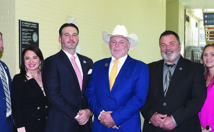 President Pomes and the St. Bernard Council Members were sworn into office on January 9 to begin serving a four-year term. Pictured, from left: Council Members Patrice Cusimano (A), Joshua 'Josh' Moran (B), Cindi Meyer (C), Gillis McCloskey (At Large West), Parish President Louis Pomes, Fred Everhardt Jr. (At Large East), Amanda Mones (E) and Ryan Randall (D).