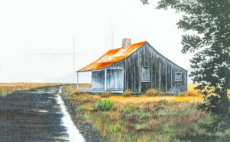 A scenic painting of a cajun cottage in the marsh by John Weimer.