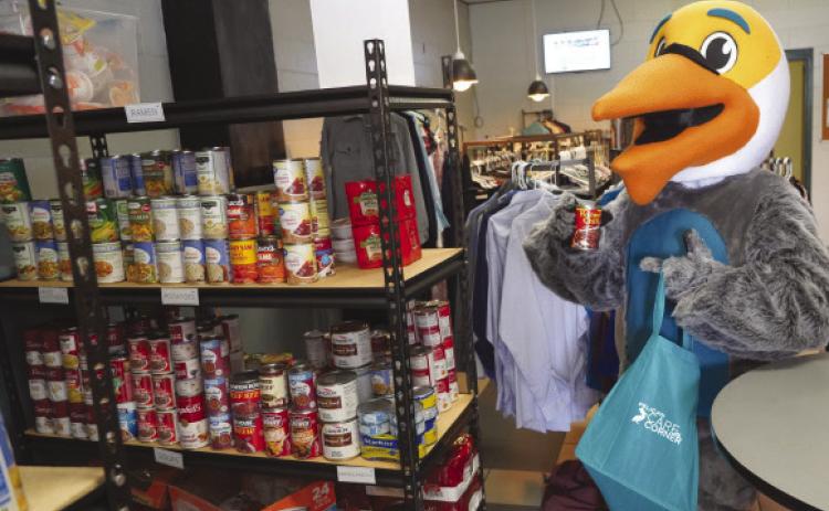 Bernard the Pelican, Nunez Community College’s mascot, browses the shelves in the Pelican Care Corner on the Nunez campus. The Pelican Care Corner recently earned Nunez its third consecutive Outstanding Program or Practice of the Year Award for 2-year institutions from the Louisiana Association of College &amp; University Student Personnel Administrators (LACUSPA).