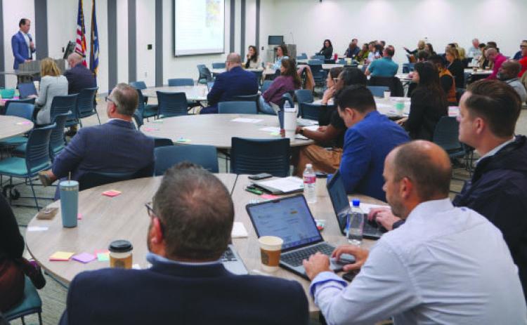Reggie Poché, Nunez Interim Vice Chancellor for Strategic Initiatives and Engagement, presents during SME's Gulf Coast stakeholder kicko meeting in January in the Student Testing and Career Counseling Center on the Nunez Community College campus.