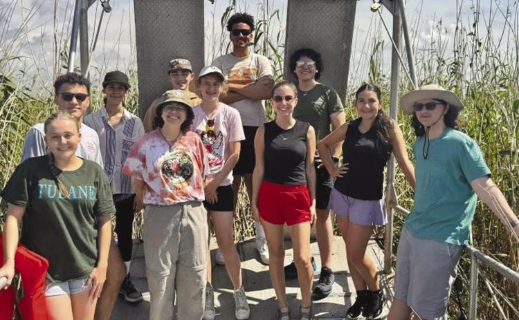 Campers at the mouth of the Mississippi measuring water quality and Rosea Cane. Pictured left to right: Tatiana Cabrera, Norman Morales, Sara Wingrove, Plaquemines Parish 4-H Agent Lou Duplantier, Joseph Suberville, Kelsey Hambrice, Kristion Thomas, St. Bernard Parish 4-H Agent Gabrielle Guerra, Christian Miller, Kathryn Dinet, and Grin Touchet.