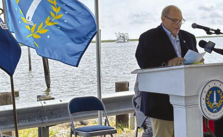 State Representative Mike Bayham spoke during St. Bernard's annual Hurricane Katrina Memorial.