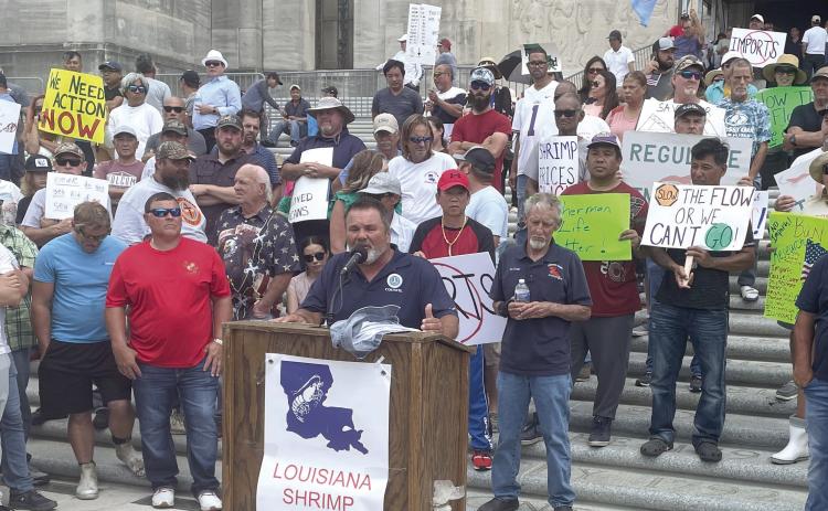 St. Bernard council member for District E and commercial fisherman, Fred Everhardt Jr., speaks at the shrimpers rally. Photo by Justin Walton