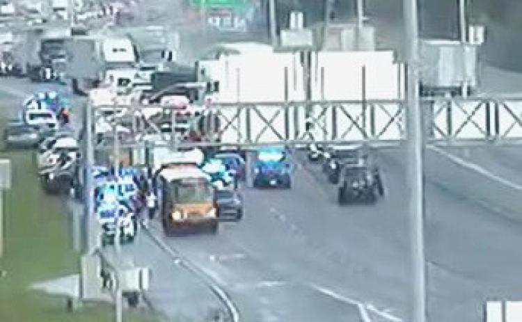 Emergency crews on the scene of where buses carrying Chalmette High's Band collided with one another.