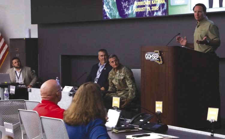 Louisiana Gov. Je Landry speaks at the Governor's Oce of Homeland Security and Emergency Preparedness in Baton Rouge, June 3, 2025. Landry addressed state and local emergency response partners about recent structural changes aimed at improving eciency ahead of the 2025 Atlantic hurricane season. (U.S. Army National Guard photo by Sgt. Danny Hough)