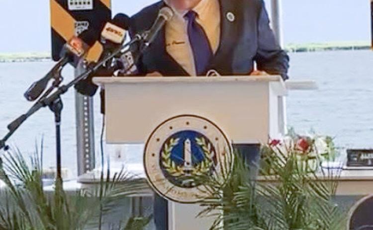 Parish President Louis Pomes speaks at the 19th Annual Hurricane Katrina Commemorative Ceremony