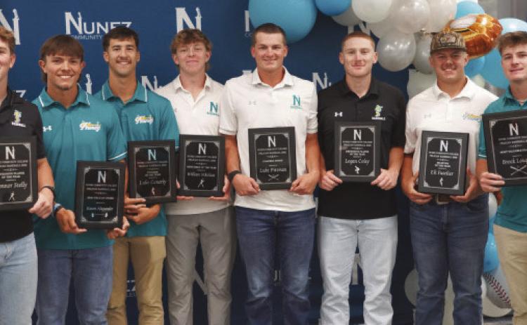 The winners of Nunez Baseball’s top team awards gather for a photo during the Athletic Awards Ceremony May 13 on the Nunez campus. Pictured from left are Connor Stelly, Kason Alexander, Luke Conerly, William Nikolaus, Luke Pittman, Logan Coley, Eli Fuselier and Brock Loque.