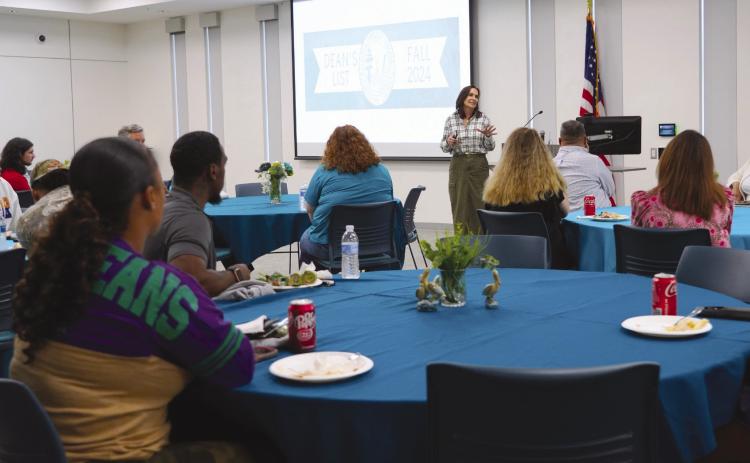 Nunez Community College in Chalmette named 230 students to its Dean’s List for the Spring 2025 semester. Those students will be treated to a Dean’s List Luncheon next semester. Pictured, Nunez Chancellor Tina Tinney congratulates Fall 2024 Dean’s List students at their luncheon in March.