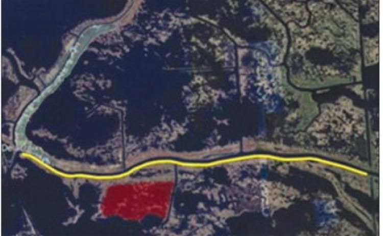 Bayou Terre aux Boeufs Marsh Creation and Ridge Restoration (Red: Marsh Creation, Yellow: Ridge Feature).