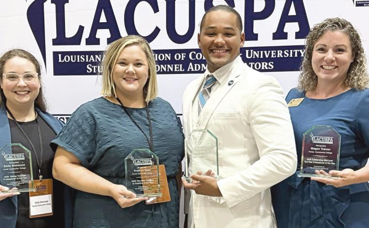 Nunez earned four awards at the 2025 Louisiana Association of College &amp; University Student Personnel Administrators annual conference Oct. 6 in Hammond. Pictured from left are Emily Sherwood, Natalie Haniford, Troy Sino Jr. and Megan Trainor.